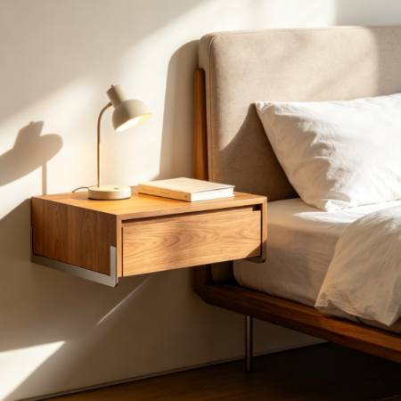 Japanese Walnut Wood Wall-Mounted Floating Bedside Table