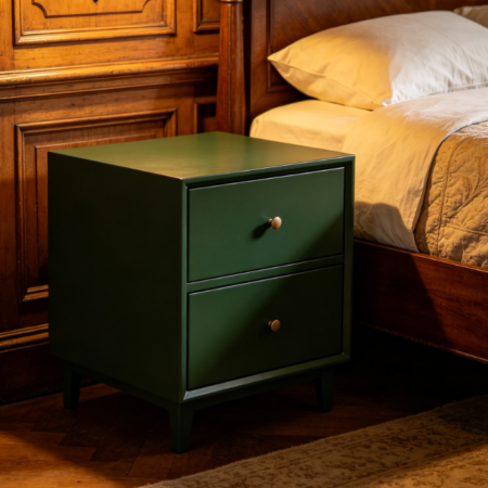 French Retro Dark Green Solid Wood Bedside Table