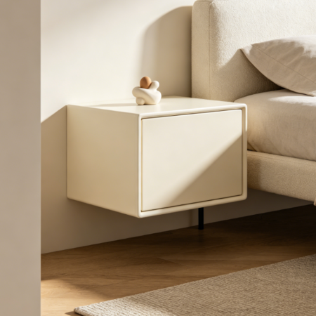 Creamy Rounded Corner Floating Wall-Mounted Bedside Table
